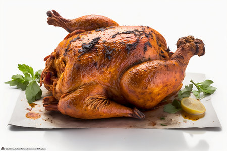 Roast chicken with lemon and parsley on a white background.の素材