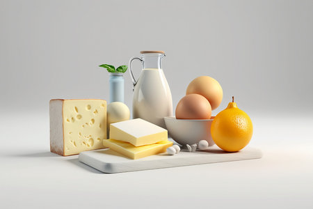 Milk, sour cream, eggs, cheese and fruits on a white backgroundの素材
