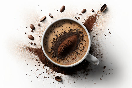 Coffee cup with coffee beans on white background, top viewの素材