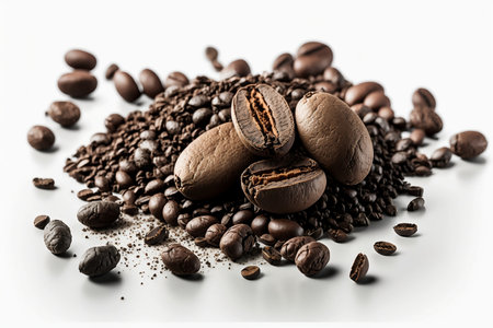 Coffee beans and roasted coffee beans isolated on white background.の素材