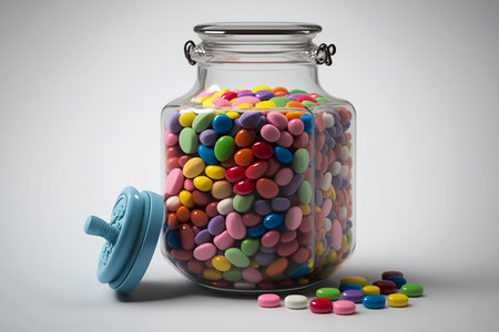 Glass jar with colorful candies inside 3D rendering on gray backgroundの素材