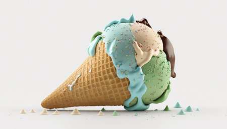 Ice cream in waffle cone on white background. 3D renderingの素材