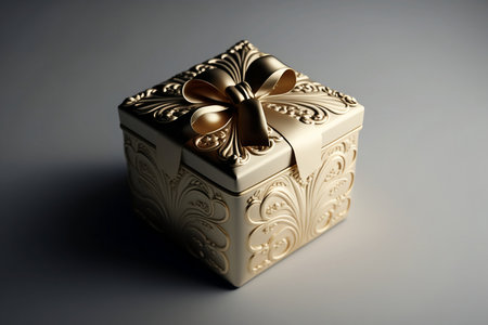 Gold gift box with a bow on a gray background, close-upの素材