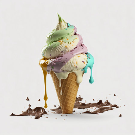 Ice cream with melting chocolate and splash on a white background. 3d renderingの素材