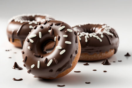 Chocolate donuts with chocolate glaze on a white background.の素材