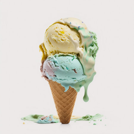 Ice cream scoops of different colors in a waffle cone on a white backgroundの素材