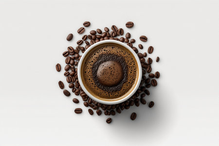 Coffee cup with coffee beans on white background, top viewの素材