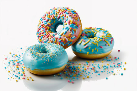 Colorful donuts with sprinkles on a white background, isolatedの素材