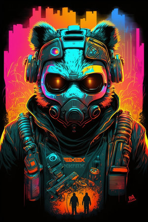 Illustration of a monster in a gas mask with headphones on a colorful background.の素材