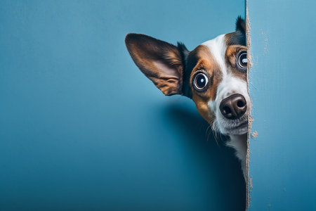 Portrait of a Jack Russell Terrier dog peeking out of a hole in a blue wallの素材