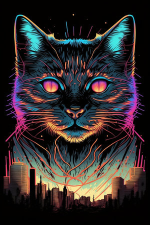 Cat head with cityscape in the background. Vector Illustration.の素材