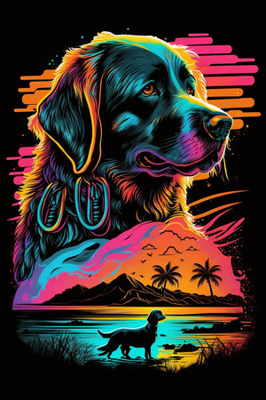 Labrador Retriever and a dog on the beach. Vector illustration.の素材