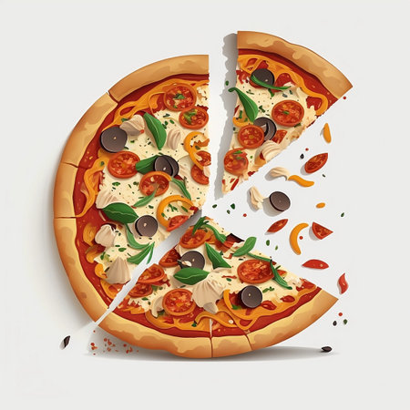 Pizza slice with mozzarella cheese, tomatoes and olivesの素材
