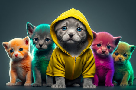 Group of cute kittens in a yellow raincoat and hoodie.の素材