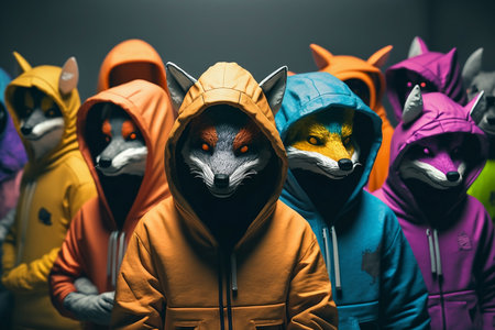 Group of colorful fox heads in hooded sweatshirts. Halloween concept.の素材