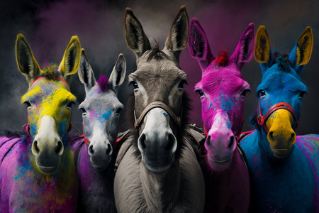 Group of donkeys with colorful paint on their faces on a dark backgroundの素材