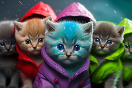 Group of kittens with raincoat and raincoat on dark background.の素材