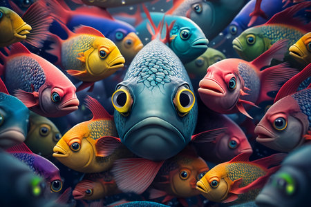 Group of colorful fishes swimming in the sea. 3D illustration.の素材