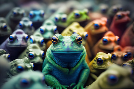 Close up of a group of colorful frogs on display at a marketの素材