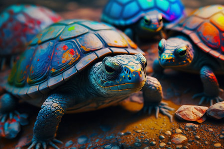 Turtles on the ground. Close-up. Colorful background.の素材