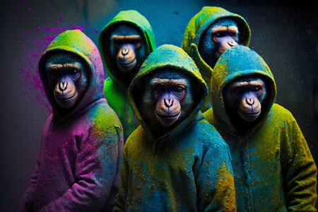 Monkey in a raincoat and a hood with colored powder.の素材