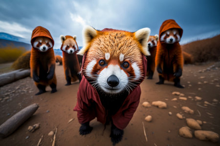 Red panda in a raincoat with a red hat in the mountainsの素材