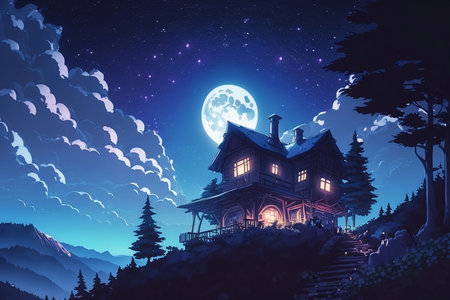 Old house on the hill in the forest at night with full moonの素材
