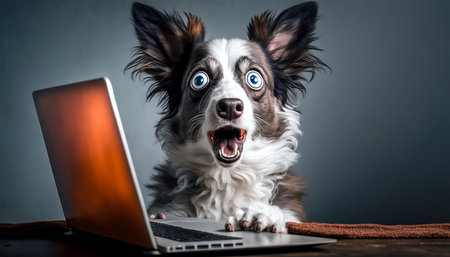 Funny dog with laptop on gray background. Funny dog with laptop.の素材