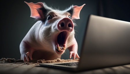 Funny pig with laptop on dark background. Concept of online shoppingの素材