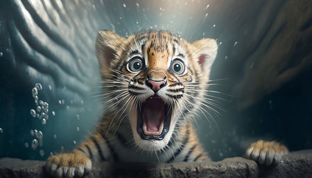 Tiger cub in a dark cave. Tiger cub with open mouth.の素材