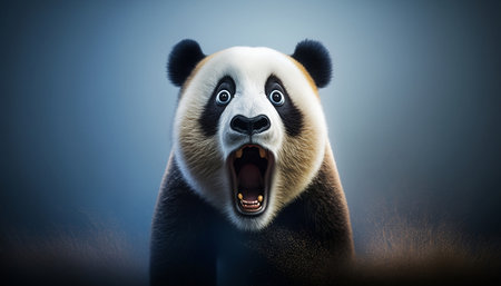 Giant panda yawning on dark background. 3D illustration.の素材