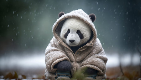 A giant panda bear in a warm coat is sitting in the rain.の素材