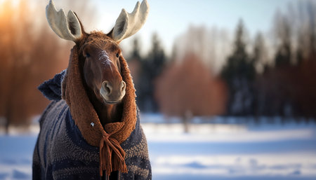 Horse wearing a warm scarf on the background of winter forest.の素材