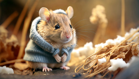 Cute little mouse in a knitted hat on a background of dry grassの素材