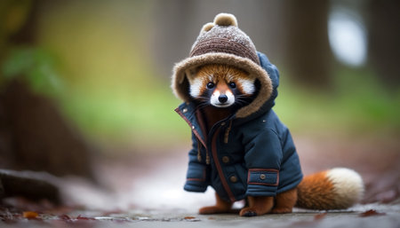 Little red panda in a winter jacket and hat, sitting on the groundの素材