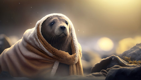 Sea lion wrapped in a warm blanket. 3d rendering, 3d illustration.の素材
