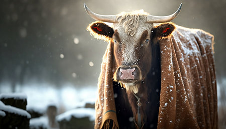 Portrait of a cow with long horns in the winter forest.の素材