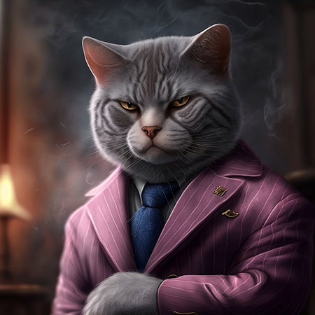 Portrait of a gray cat in a suit with a tie.の素材