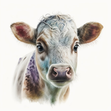 Portrait of a young calf on a white background. Digital painting.の素材