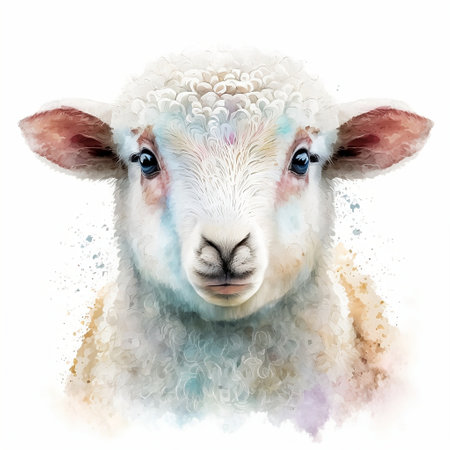 Watercolor portrait of a lamb. Digital painting on white background.の素材
