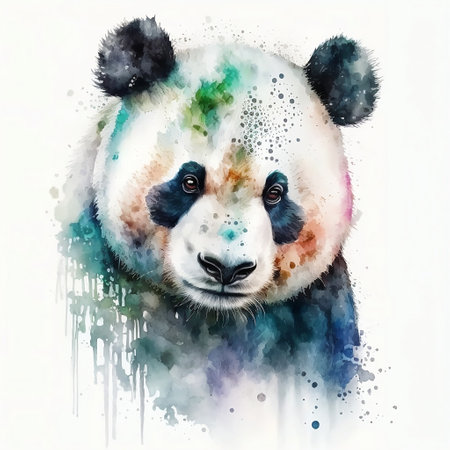 Watercolor portrait of a giant panda with colorful splashes.の素材