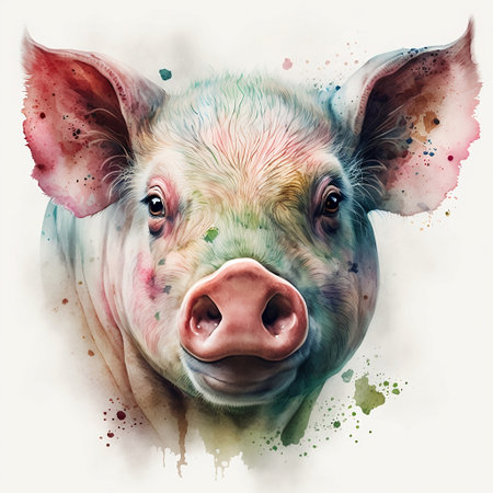 Portrait of a pig with watercolor splashes on a white backgroundの素材