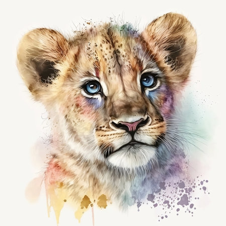 watercolor portrait of a lion cub on a white background, digital paintingの素材