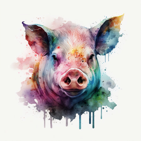Watercolor portrait of a pig with watercolor splashes on a white backgroundの素材