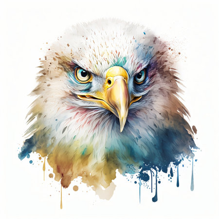 Watercolor illustration of a bald eagle with splashes of paint.の素材