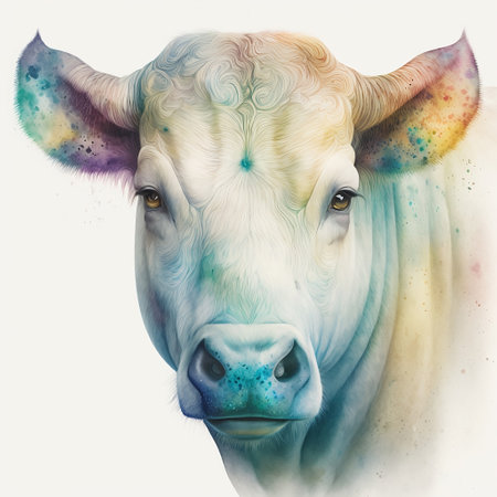 Portrait of a white cow on a white background. Digital painting.の素材