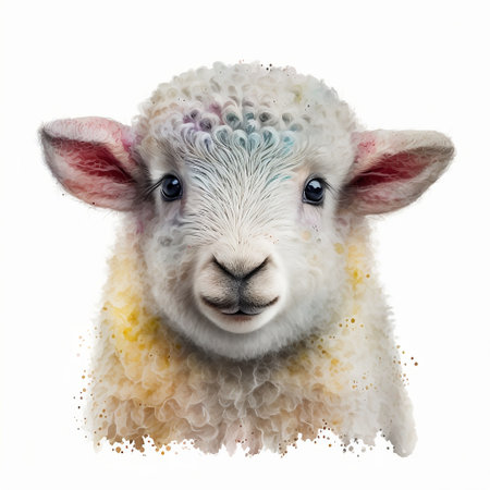 Cute sheep portrait isolated on white background. Digital art painting.の素材