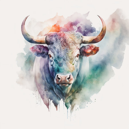Watercolor portrait of a bull on a white background. Hand-drawn illustration.の素材