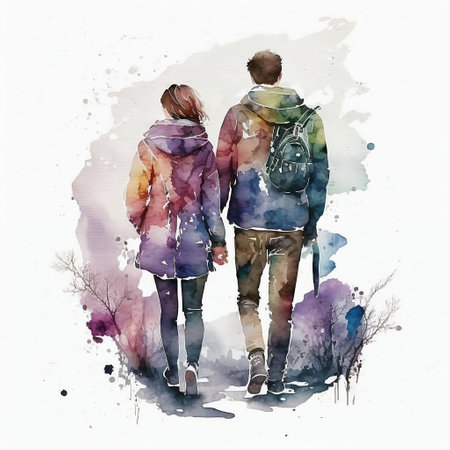 Watercolor illustration of a couple in winter clothes walking in the park.の素材