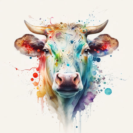Abstract portrait of a cow with colorful splashes on a white backgroundの素材